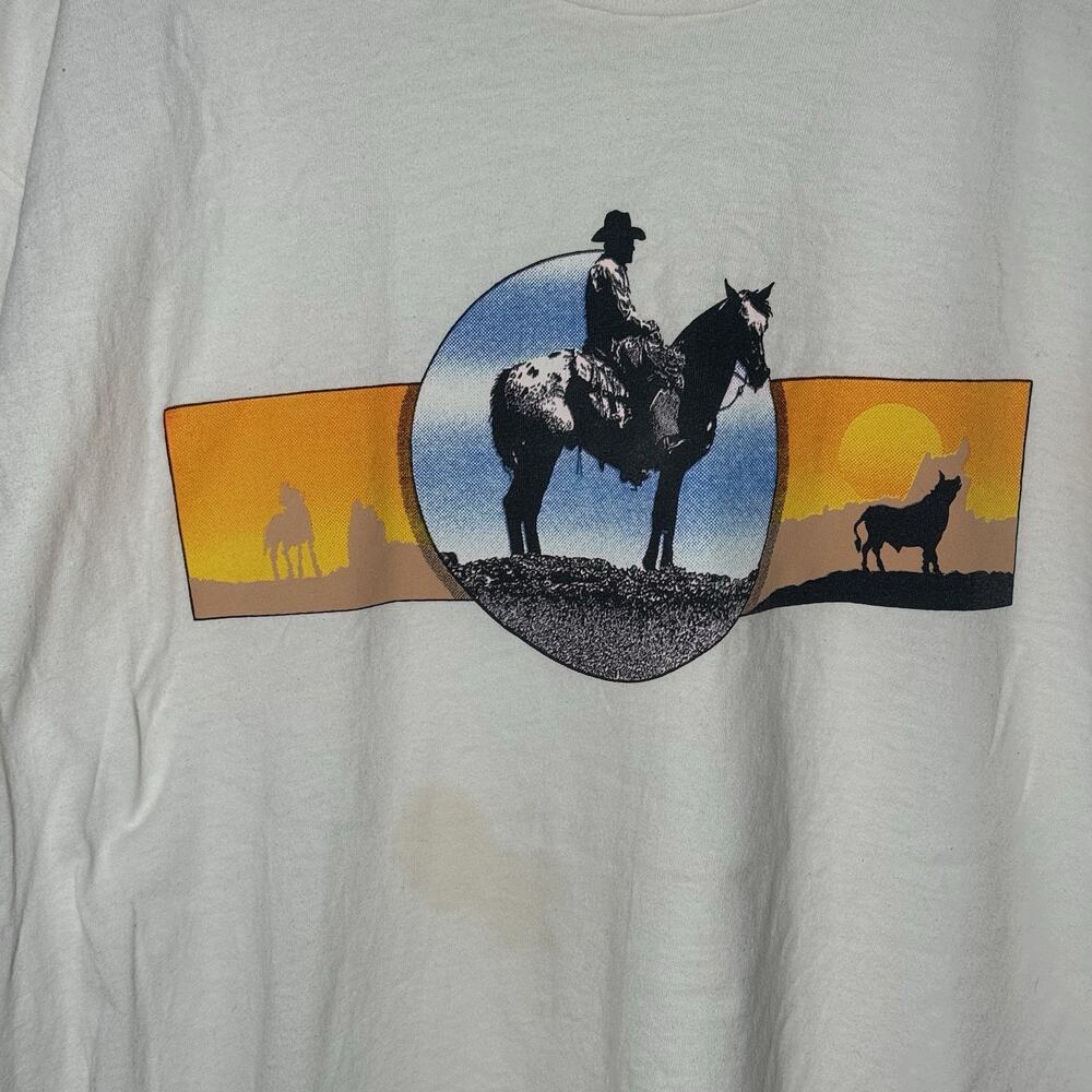 Vintage 90s Buffalo Cowboy Sunset T-Shirt Western Single Stitch White XL USA - Picture 3 of 9